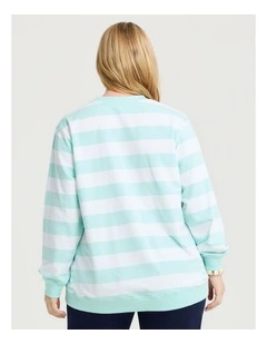 Cotton Mixed Stripe Sweatshirt Topaz Blue/white