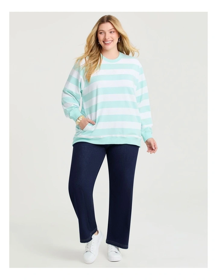 Cotton Mixed Stripe Sweatshirt in Topaz Blue/White image 3