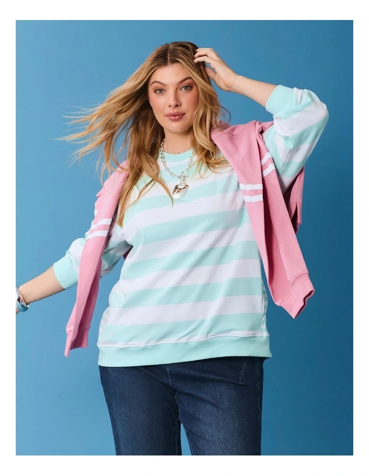 Cotton Mixed Stripe Sweatshirt in Topaz Blue/White image 5