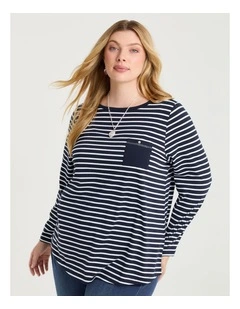 Cotton Stripe 3/4 Top Navy/white