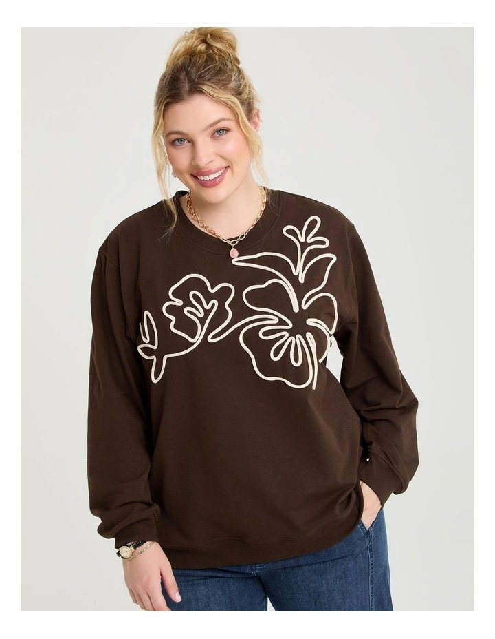 Cotton Cord Applique Sweatshirt in Chocolate image 1