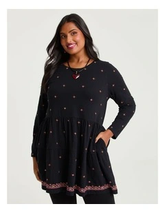 Cotton Embroidered Tiered Tunic in Black