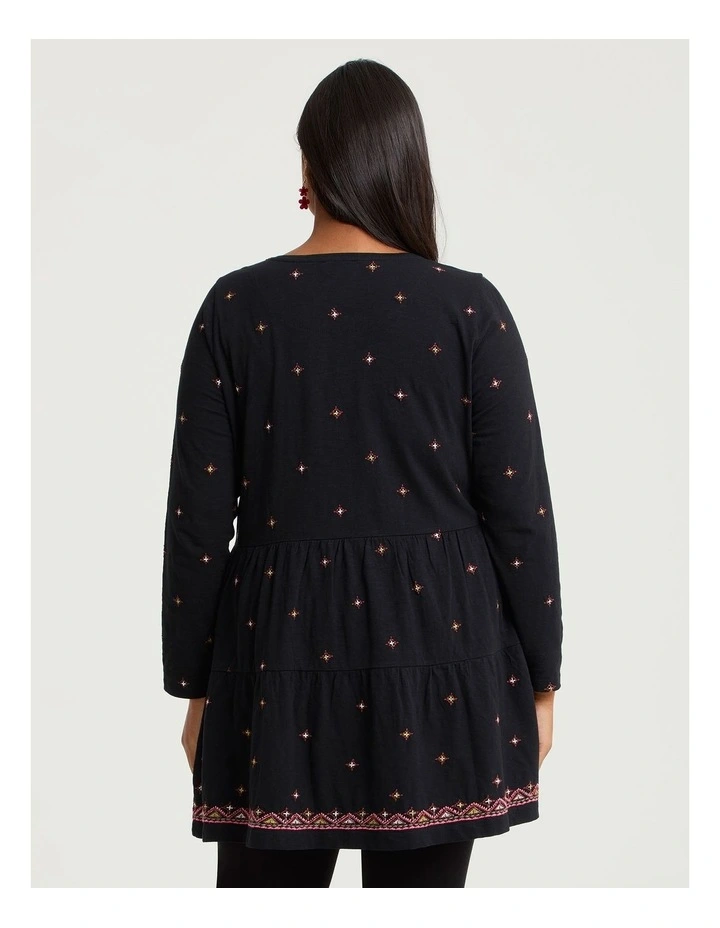 Cotton Embroidered Tiered Tunic in Black image 2