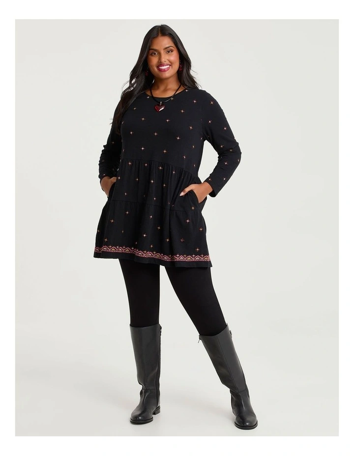 Cotton Embroidered Tiered Tunic in Black image 3
