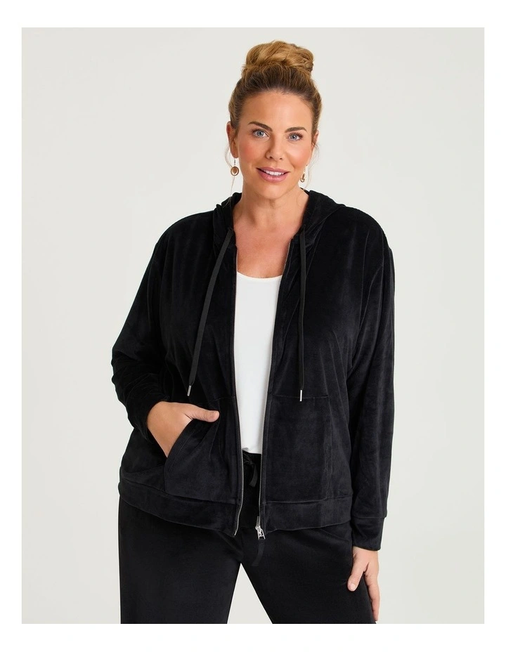 Velour Hooded Zip Through Jacket Black image 1