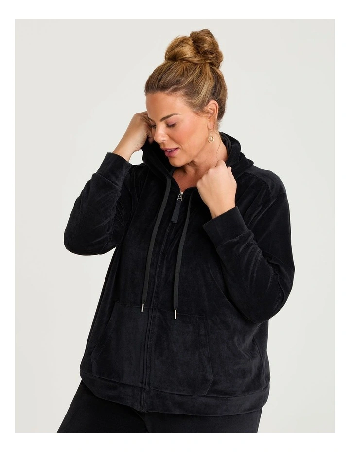 Velour Hooded Zip Through Jacket Black image 3