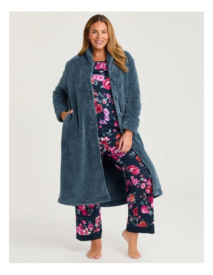 Plush Shawl Button Dressing Gown Carbon Blue image 1