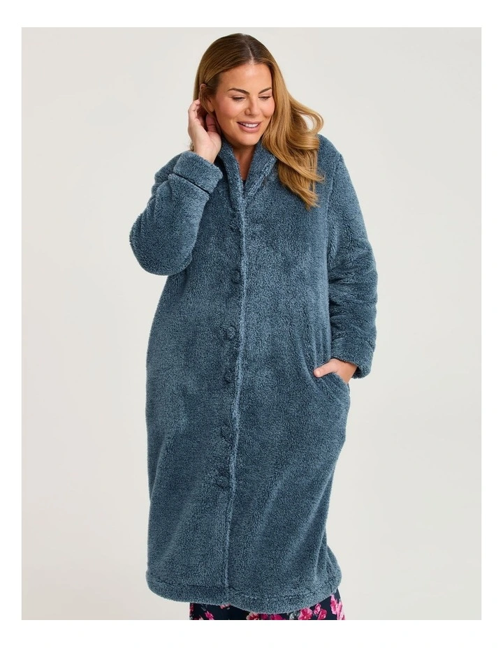 Plush Shawl Button Dressing Gown Carbon Blue image 3