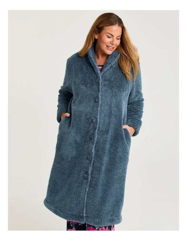 Plush Shawl Button Dressing Gown Carbon Blue image 4