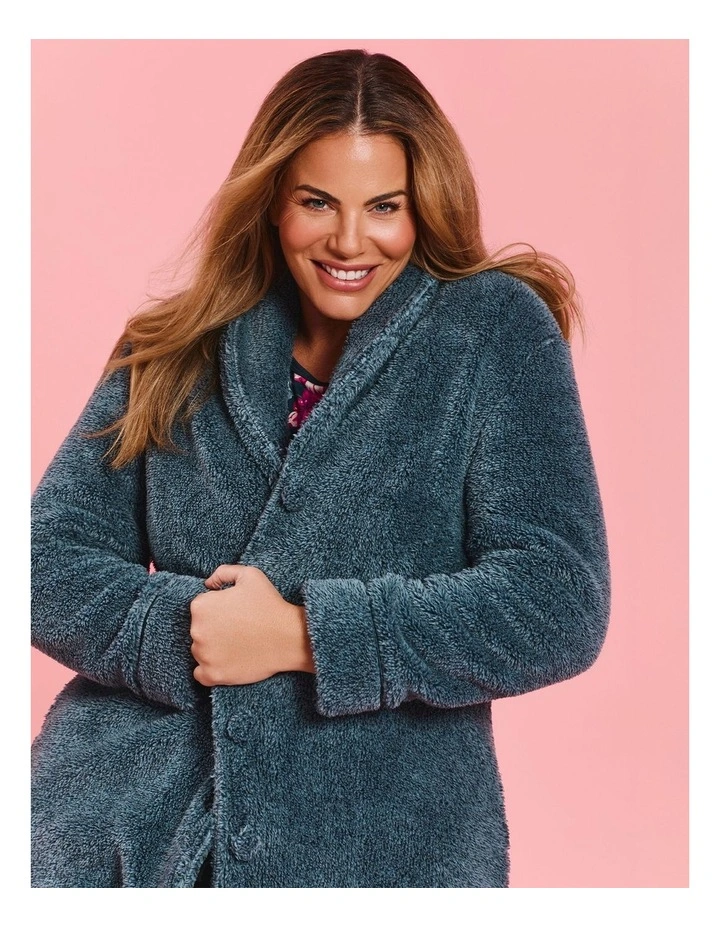 Plush Shawl Button Dressing Gown Carbon Blue image 5