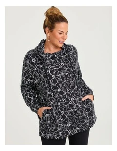 Printed Draw Collar Sweat Black White Floral
