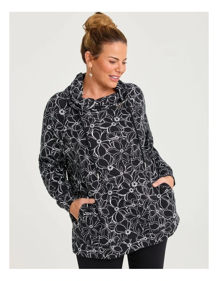 Printed Draw Collar Sweat Black White Floral image 1
