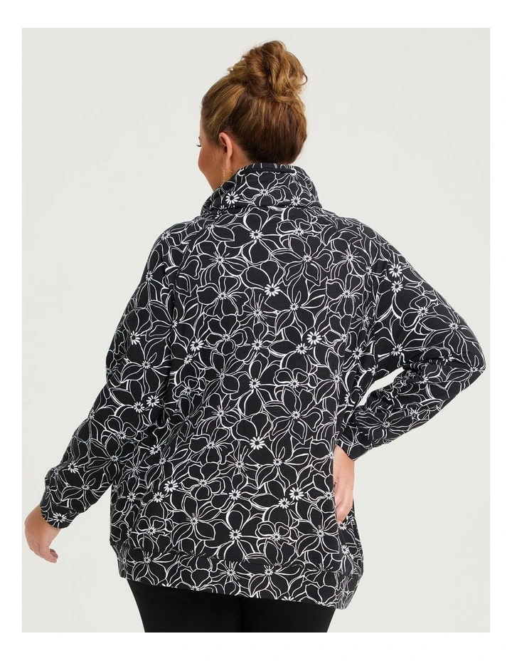 Printed Draw Collar Sweat Black White Floral image 2