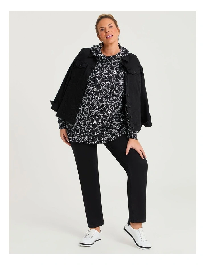 Printed Draw Collar Sweat Black White Floral image 4