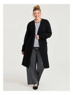 Longline Pocket Rib Cardigan in Black