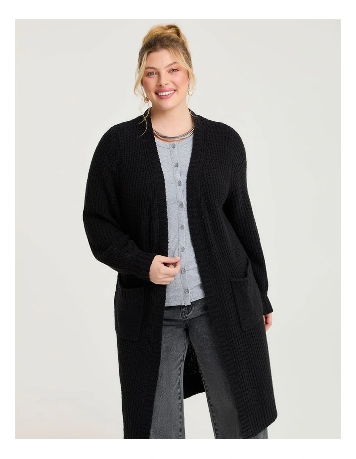 Longline Pocket Rib Cardigan Black image 3