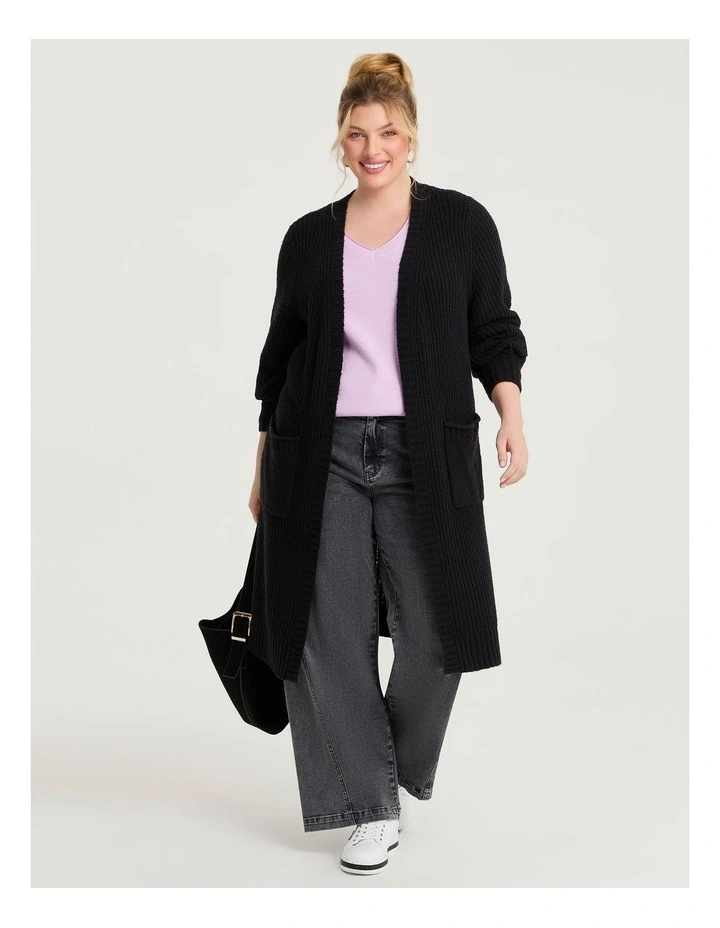 Longline Pocket Rib Cardigan Black image 5
