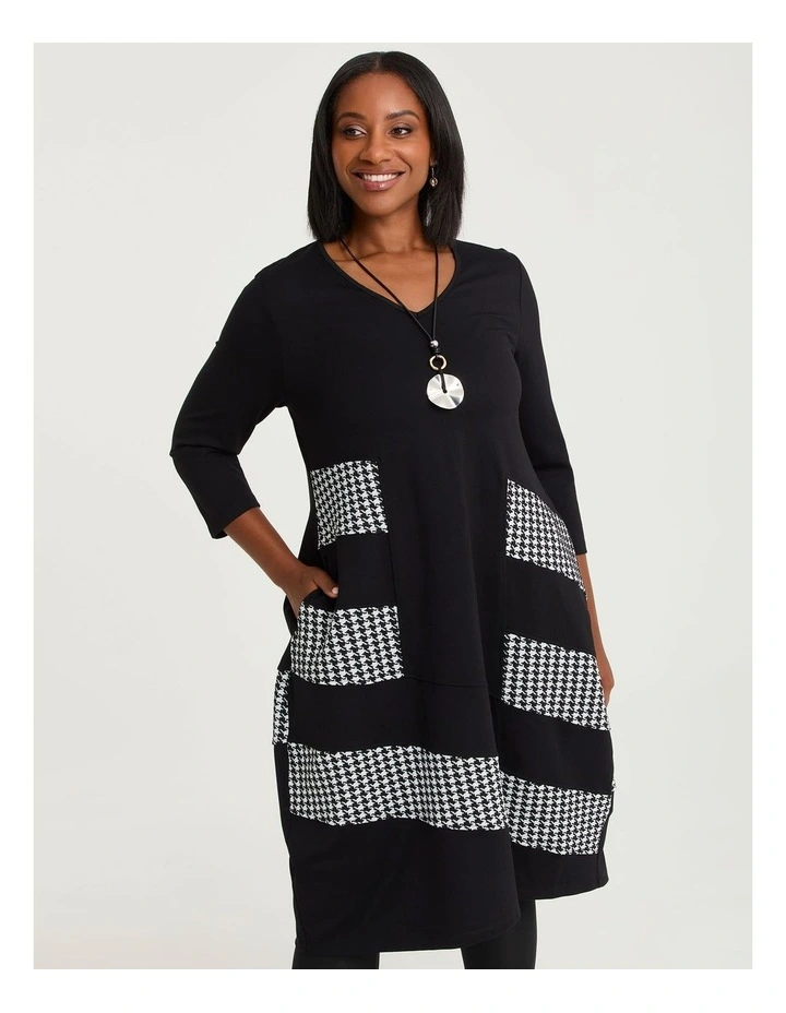 Tulip Spliced Bamboo Ponte Dress in Black/White Check image 3