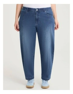 Cotton Denim Barrel Leg Jeans in Mid Blue Denim