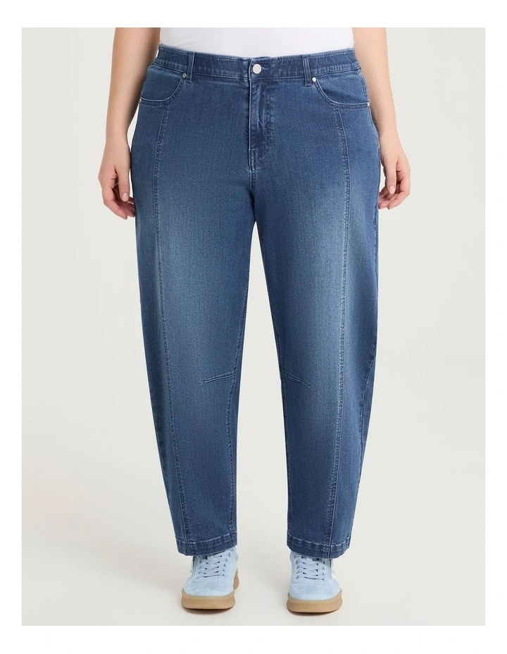 Cotton Denim Barrel Leg Jeans in Mid Blue Denim image 1