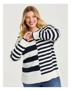 Mixed Stripe Crew Neck Jumper in Navy/White