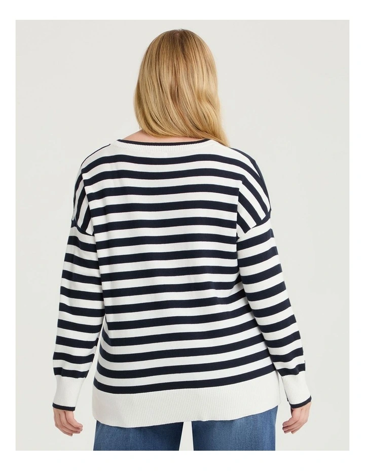Mixed Stripe Crew Neck Jumper in Navy/White image 2