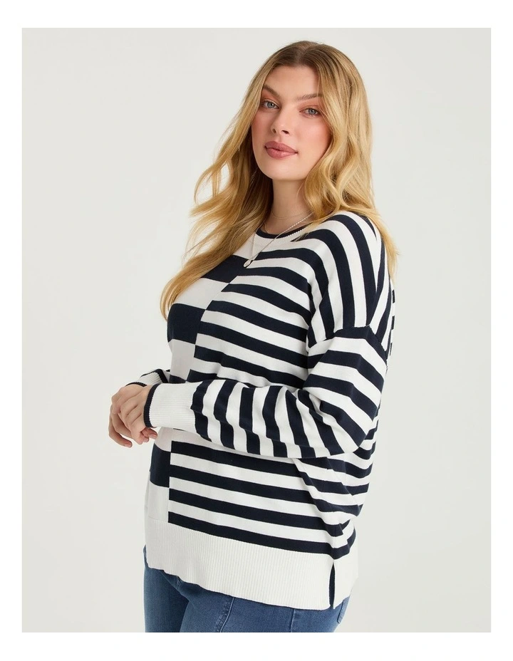 Mixed Stripe Crew Neck Jumper in Navy/White image 3