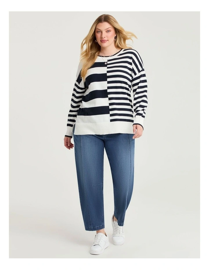 Mixed Stripe Crew Neck Jumper in Navy/White image 4