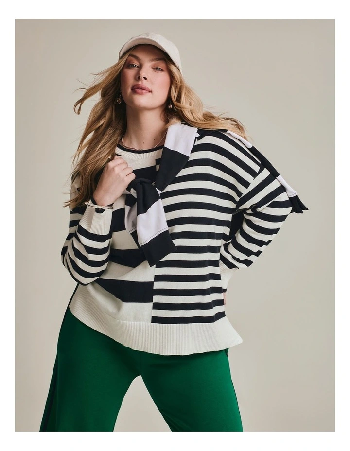 Mixed Stripe Crew Neck Jumper in Navy/White image 5
