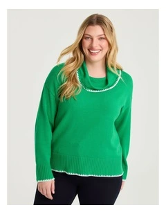 Stitch Detail Cowl Neck Jumper in Green