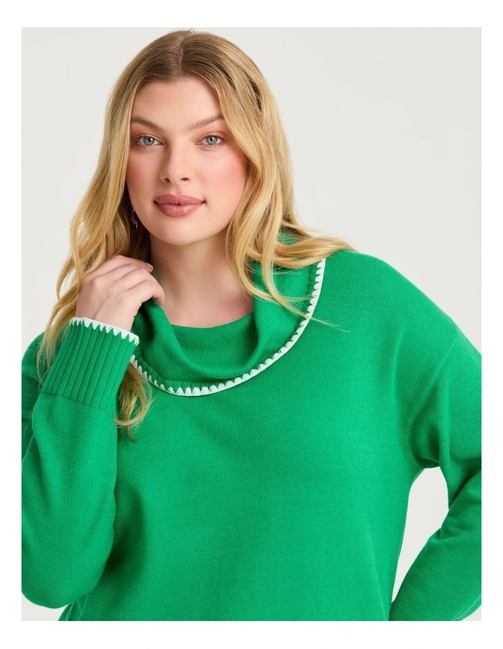 Stitch Detail Cowl Neck Jumper in Green image 3