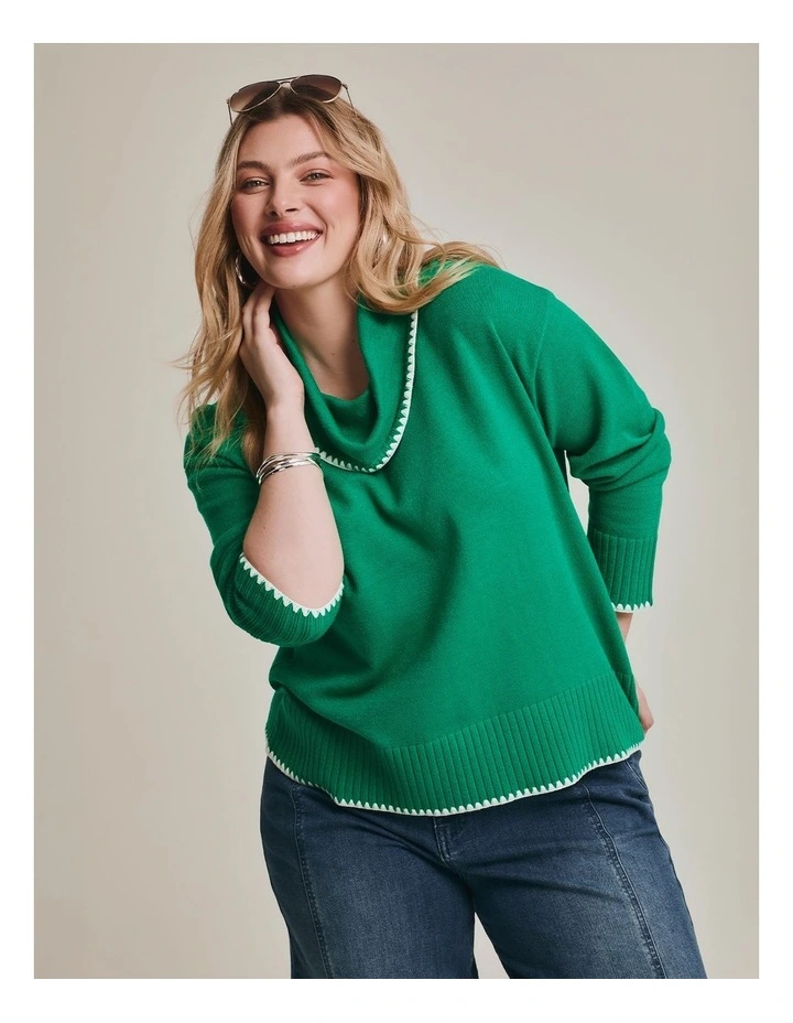 Stitch Detail Cowl Neck Jumper in Green image 5
