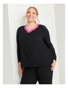 Modal Lace Trim Pyjama Top in Black