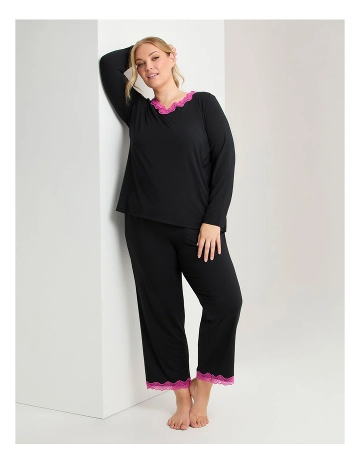 Modal Lace Trim Pyjama Top in Black image 4