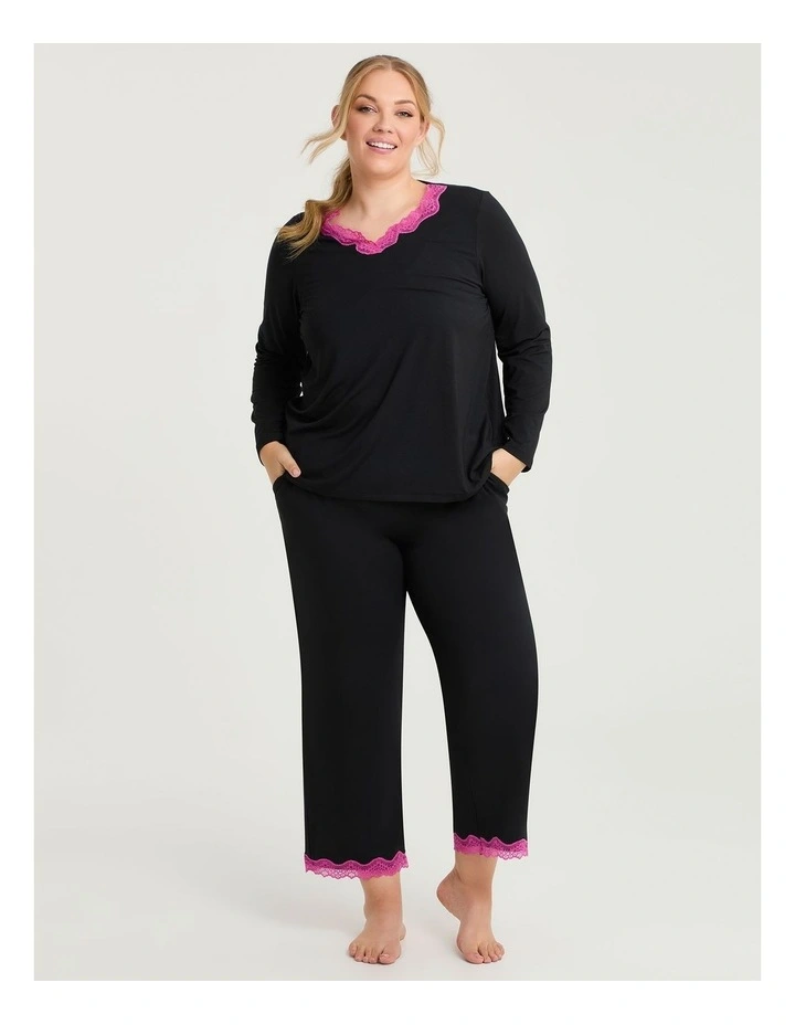 Modal Lace Trim Pyjama Pant in Black image 3