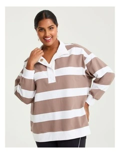 Cotton Stripe Zip Neck Sweatshirt Mocha/off White