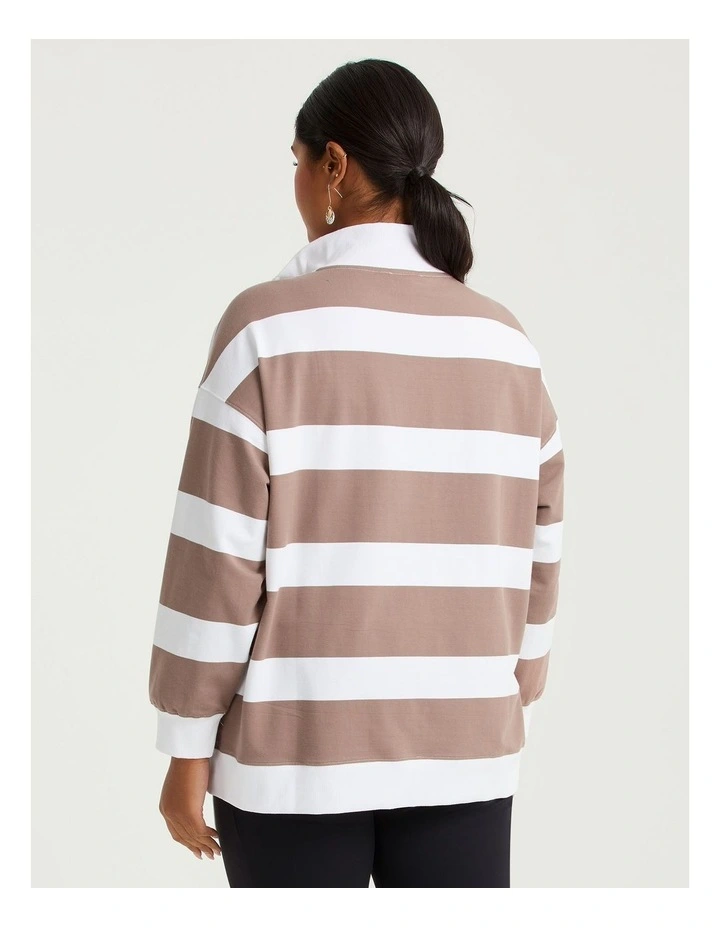Cotton Stripe Zip Neck Sweatshirt Mocha/off White image 2