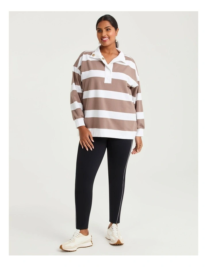 Cotton Stripe Zip Neck Sweatshirt Mocha/off White image 3