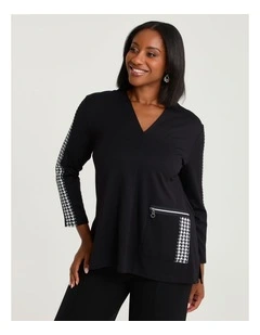 Zip Pocket Bamboo Ponte Top in Black/White Check