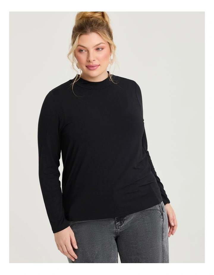 Australian Wool Blend Mock Neck Top in Black image 1