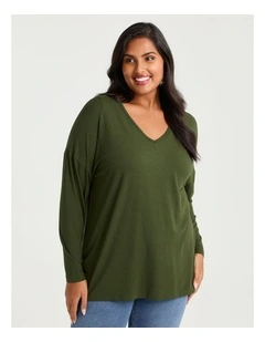 Australian Wool Blend V-Neck Top in Clover Green