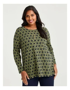Cotton Geometric Flower Top Navy/kiwi Green
