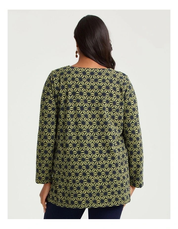 Cotton Geometric Flower Top Navy/kiwi Green image 2