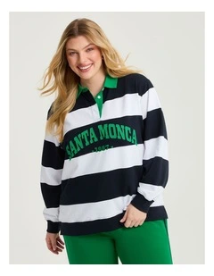 Cotton Stripe Polo Neck Sweatshirt in Navy/White