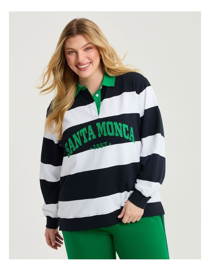 Cotton Stripe Polo Neck Sweatshirt in Navy/White image 1