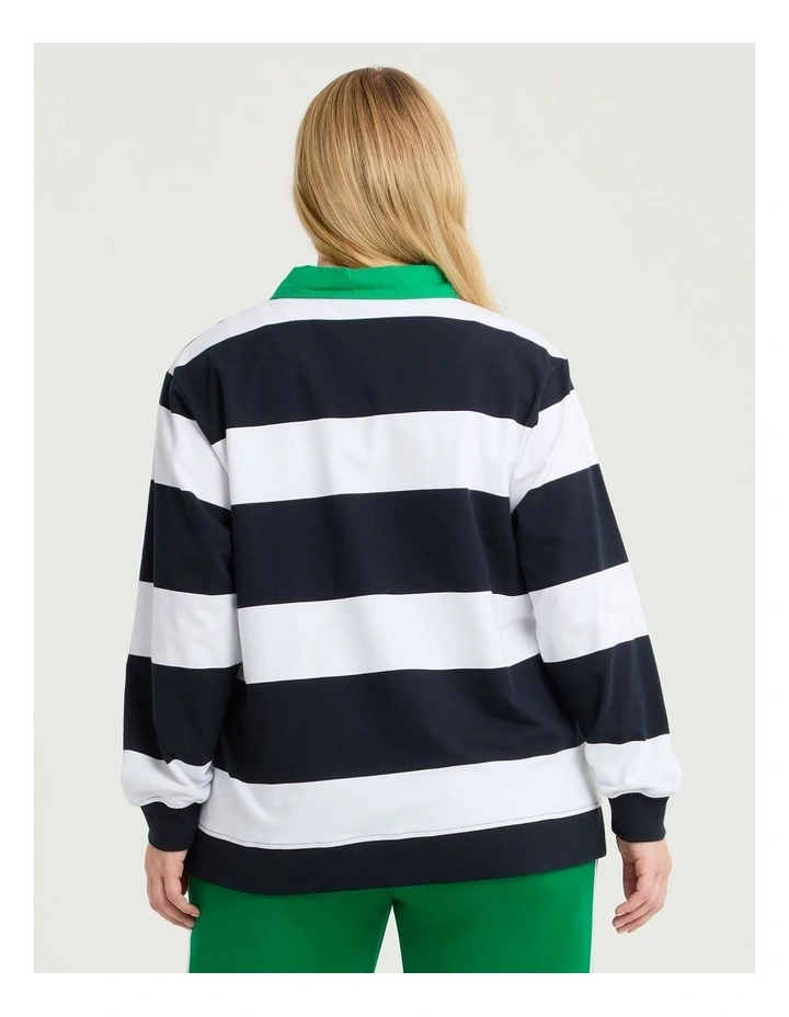 Cotton Stripe Polo Neck Sweatshirt in Navy/White image 2