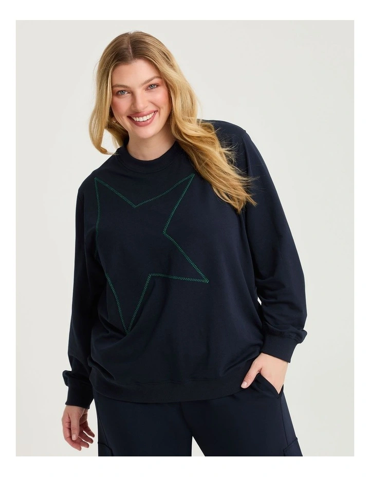 Cotton Embroidery Star Sweatshirt in Navy image 1