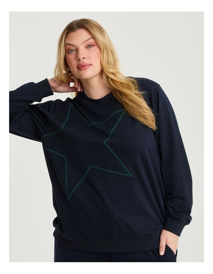 Cotton Embroidery Star Sweatshirt in Navy image 3