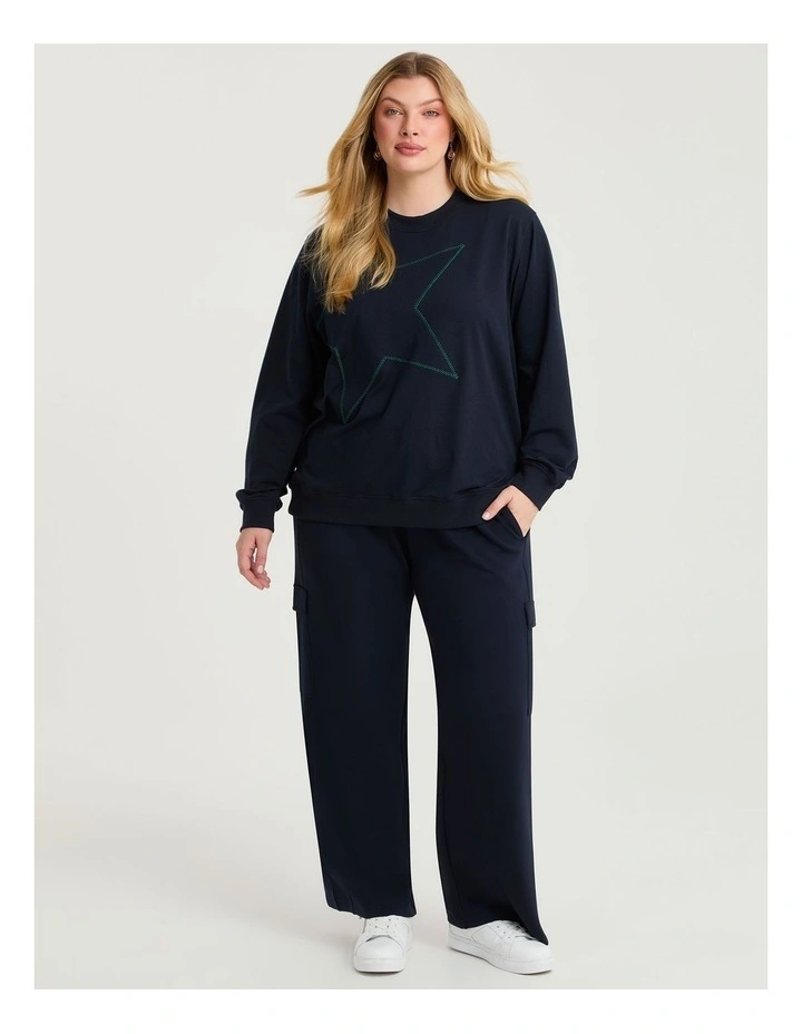 Cotton Embroidery Star Sweatshirt in Navy image 4