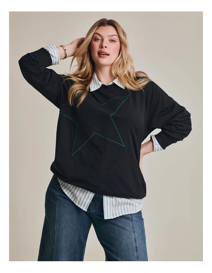 Cotton Embroidery Star Sweatshirt in Navy image 5